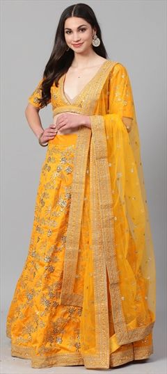 Casual, Mehendi Sangeet, Party Wear Orange color Lehenga in Art Silk, Silk fabric with A Line Embroidered, Sequence, Thread, Zari work : 1559522