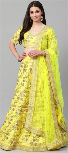 Casual, Mehendi Sangeet, Party Wear Green color Lehenga in Art Silk fabric with A Line Embroidered, Sequence, Thread, Zari work : 1559523