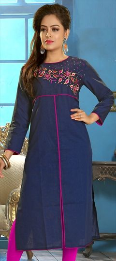 1560398: Casual Blue color Kurti in Cotton fabric with Long, Straight Embroidered work