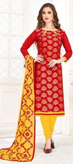 1560524: Casual Red and Maroon color Salwar Kameez in Jacquard fabric with Churidar, Straight Weaving work