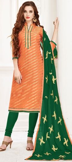 1560528: Casual Orange color Salwar Kameez in Jacquard fabric with Churidar, Straight Weaving work