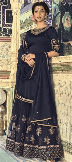1560557: Engagement, Reception Black and Grey color Salwar Kameez in Georgette fabric with Sharara Embroidered, Thread, Zari work