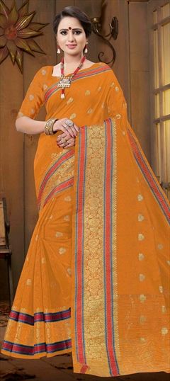 Party Wear, Traditional Orange color Saree in Art Silk, Silk fabric with South Weaving work : 1560591