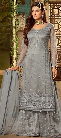 Bollywood Black and Grey color Salwar Kameez in Net fabric with Palazzo Embroidered, Resham, Thread work : 1561074
