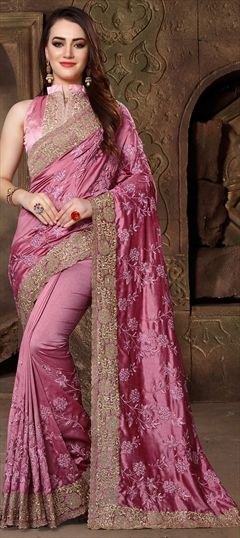 Bollywood, Party Wear, Reception, Traditional Pink and Majenta color Saree in Crepe Silk, Silk fabric with Classic, South Embroidered, Resham, Stone, Thread, Zari work : 1561454