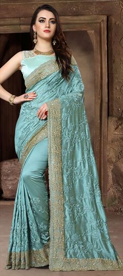 Party Wear, Reception, Traditional Blue color Saree in Raw Silk, Silk fabric with Classic, South Embroidered, Resham, Stone, Thread, Zari work : 1561460