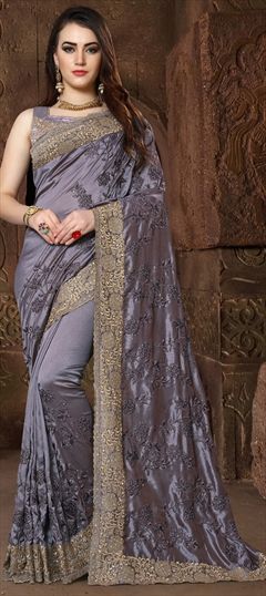 Party Wear, Reception, Traditional Black and Grey color Saree in Raw Silk, Silk fabric with Classic, South Embroidered, Resham, Stone, Thread, Zari work : 1561468