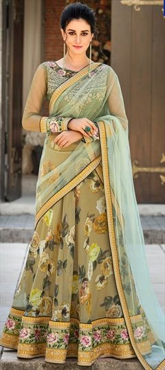 1561655: Engagement, Party Wear, Reception, Traditional Green color Lehenga in Organza Silk fabric with A Line, Classic Digital Print work