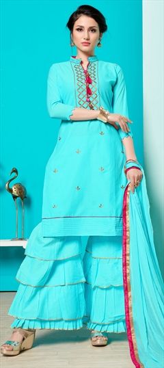 Casual, Party Wear Blue color Salwar Kameez in Cotton fabric with Sharara Embroidered, Thread, Zari work : 1562367