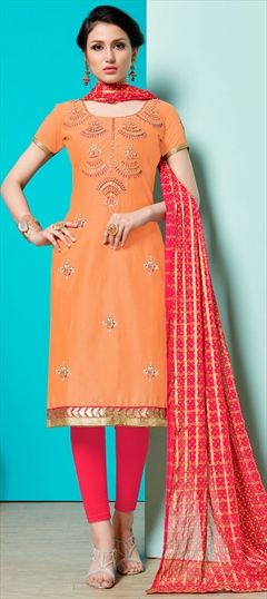 1562380: Casual, Party Wear Orange color Salwar Kameez in Cotton fabric with Straight Embroidered, Stone, Thread, Zari work