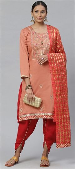 Casual, Party Wear Orange color Salwar Kameez in Cotton fabric with Patiala, Straight Embroidered, Resham, Thread work : 1562399