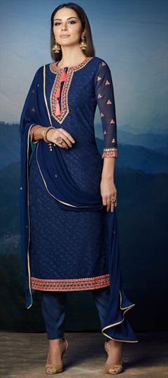 Casual, Party Wear Blue color Salwar Kameez in Faux Georgette fabric with Straight Embroidered, Resham, Stone, Thread, Zari work : 1562558