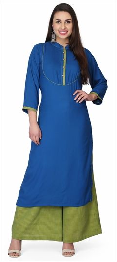 1563295: Party Wear Blue, Green color Tunic with Bottom in Cotton fabric with Palazzo Thread work