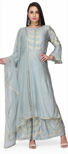 1563298: Party Wear Black and Grey color Tunic with Bottom in Raw Silk fabric with Palazzo Embroidered, Lace, Thread work