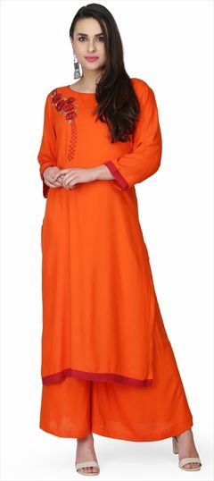 1563299: Party Wear Orange color Tunic with Bottom in Rayon fabric with Palazzo Embroidered, Resham, Thread work