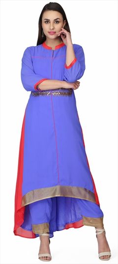 1563301: Party Wear Blue color Tunic with Bottom in Georgette fabric with Asymmetrical Dabka, Stone, Thread work
