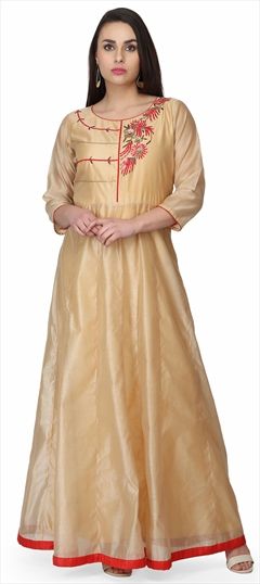 1563787: Party Wear Beige and Brown color Kurti in Chanderi Silk fabric with A Line, Long Bugle Beads, Sequence work