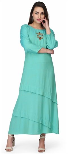 1563789: Party Wear Blue color Kurti in Rayon fabric with Long, Straight Bugle Beads work