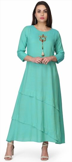 Party Wear Green color Kurti in Rayon fabric with Long, Straight Bugle Beads work : 1563791