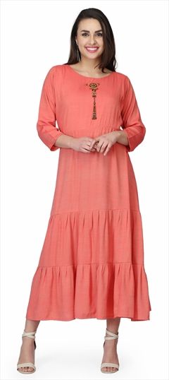 1563792: Party Wear Orange color Kurti in Rayon fabric with Long, Straight Bugle Beads work