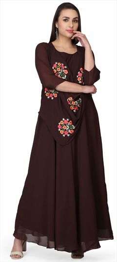1563794: Party Wear Beige and Brown color Kurti in Georgette fabric with A Line, Long Embroidered, Resham, Thread work