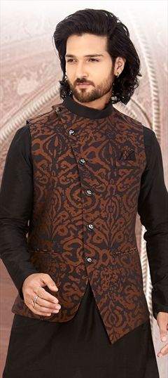 Beige and Brown, Black and Grey color Nehru Jacket in Jacquard fabric with Thread work : 1563987