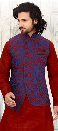 1563988: Blue, Red and Maroon color Nehru Jacket in Jacquard fabric with Thread work