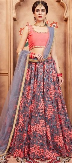 Engagement, Mehendi Sangeet, Party Wear, Reception Black and Grey color Lehenga in Net fabric with Umbrella Shape Thread, Zari work : 1564796