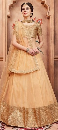 1564798: Engagement, Mehendi Sangeet, Party Wear, Reception Beige and Brown color Lehenga in Net fabric with Umbrella Shape Sequence, Thread work