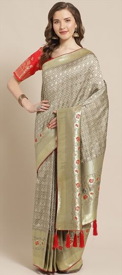 Party Wear, Traditional Black and Grey color Saree in Banarasi Silk, Silk fabric with South Weaving work : 1565404