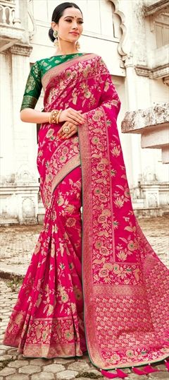Party Wear, Traditional Pink and Majenta color Saree in Banarasi Silk, Silk fabric with South Weaving work : 1565408