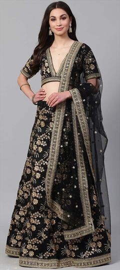 Designer, Party Wear, Reception, Wedding Black and Grey color Lehenga in Art Silk fabric with A Line Embroidered, Sequence, Thread, Zari work : 1565647