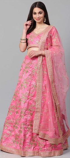 Designer, Party Wear, Reception, Wedding Pink and Majenta color Lehenga in Art Silk fabric with A Line Embroidered, Sequence, Thread, Zari work : 1565648