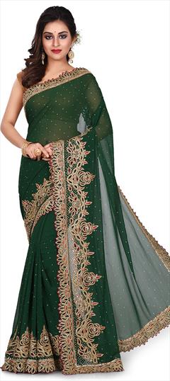 Bridal, Wedding Green color Saree in Georgette fabric with Classic Cut Dana, Moti, Stone, Thread, Zircon work : 1566225