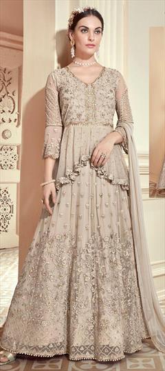 Mehendi Sangeet, Party Wear, Reception Beige and Brown color Salwar Kameez in Net fabric with Asymmetrical Embroidered, Resham, Stone, Thread work : 1566248