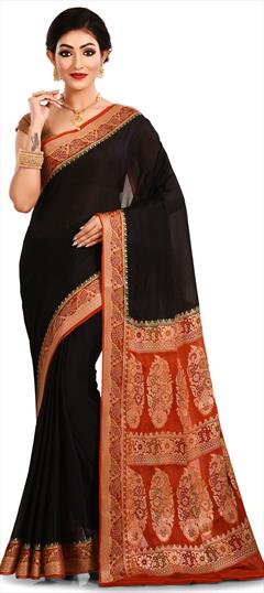Party Wear, Traditional Black and Grey color Saree in Banarasi Silk, Silk fabric with South Weaving work : 1566287