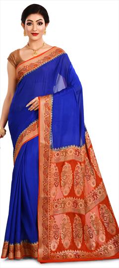 Party Wear, Traditional Blue color Saree in Banarasi Silk, Silk fabric with South Weaving work : 1566289