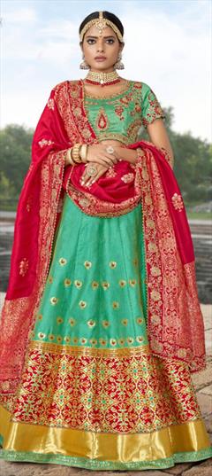 Bridal, Mehendi Sangeet, Reception Green color Lehenga in Banarasi Silk, Silk fabric with A Line Embroidered, Thread work : 1566357