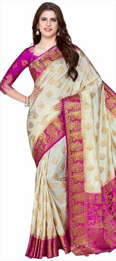 Bridal, Party Wear, Traditional, Wedding White and Off White color Saree in Kanchipuram Silk, Silk fabric with South Weaving work : 1566677