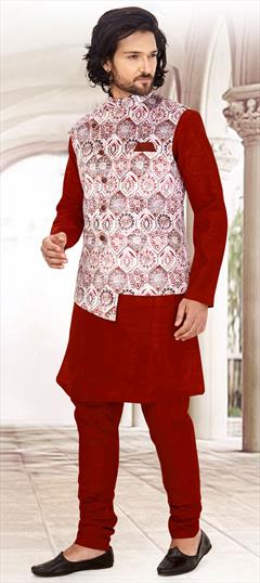 Red and Maroon color Kurta Pyjama with Jacket in Silk fabric with Printed work : 1566705