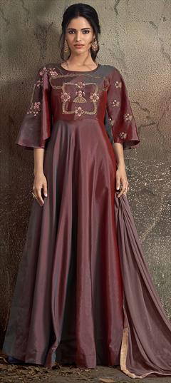 Festive, Mehendi Sangeet, Party Wear Red and Maroon color Salwar Kameez in Taffeta Silk fabric with A Line Embroidered, Resham, Thread work : 1566807