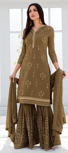 Mehendi Sangeet, Party Wear, Reception Beige and Brown color Salwar Kameez in Georgette fabric with Sharara Embroidered, Thread work : 1566821
