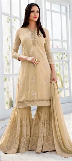 Mehendi Sangeet, Party Wear, Reception Beige and Brown color Salwar Kameez in Georgette fabric with Sharara Embroidered, Thread work : 1566824