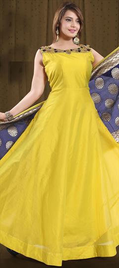 Festive, Party Wear, Reception Yellow color Salwar Kameez in Chanderi Silk fabric with Abaya, Anarkali Stone, Thread work : 1567123