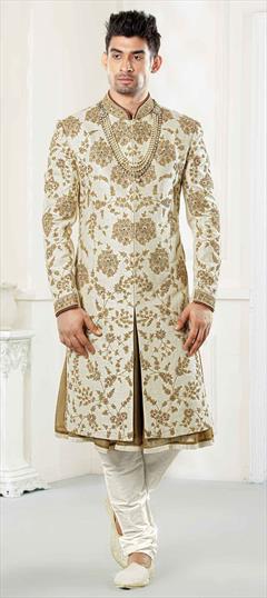 Beige and Brown, White and Off White color Sherwani in Silk fabric with Stone, Thread, Zari work : 1567202