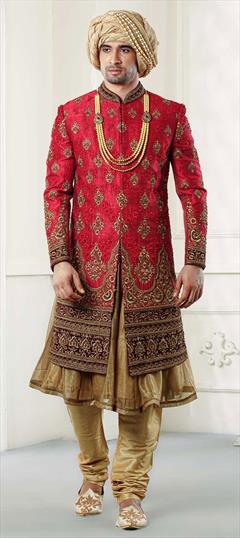 Red and Maroon color Sherwani in Silk fabric with Stone, Thread, Zari work : 1567215