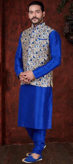 Blue color Kurta Pyjama with Jacket in Art Dupion Silk fabric with Digital Print work : 1567566