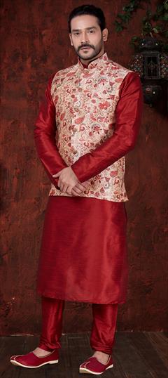 Red and Maroon color Kurta Pyjama with Jacket in Art Dupion Silk fabric with Digital Print work : 1567569
