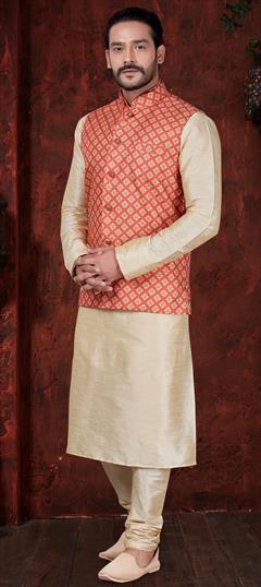 Beige and Brown color Kurta Pyjama with Jacket in Art Dupion Silk fabric with Printed work : 1567570
