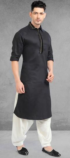 Black and Grey color Kurta Pyjamas in Linen fabric with Thread work : 1568428